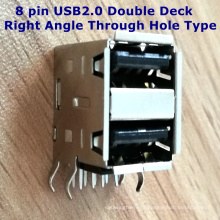 8 Pin USB2.0 Connector Double Deck Right Angle Through Hole Type